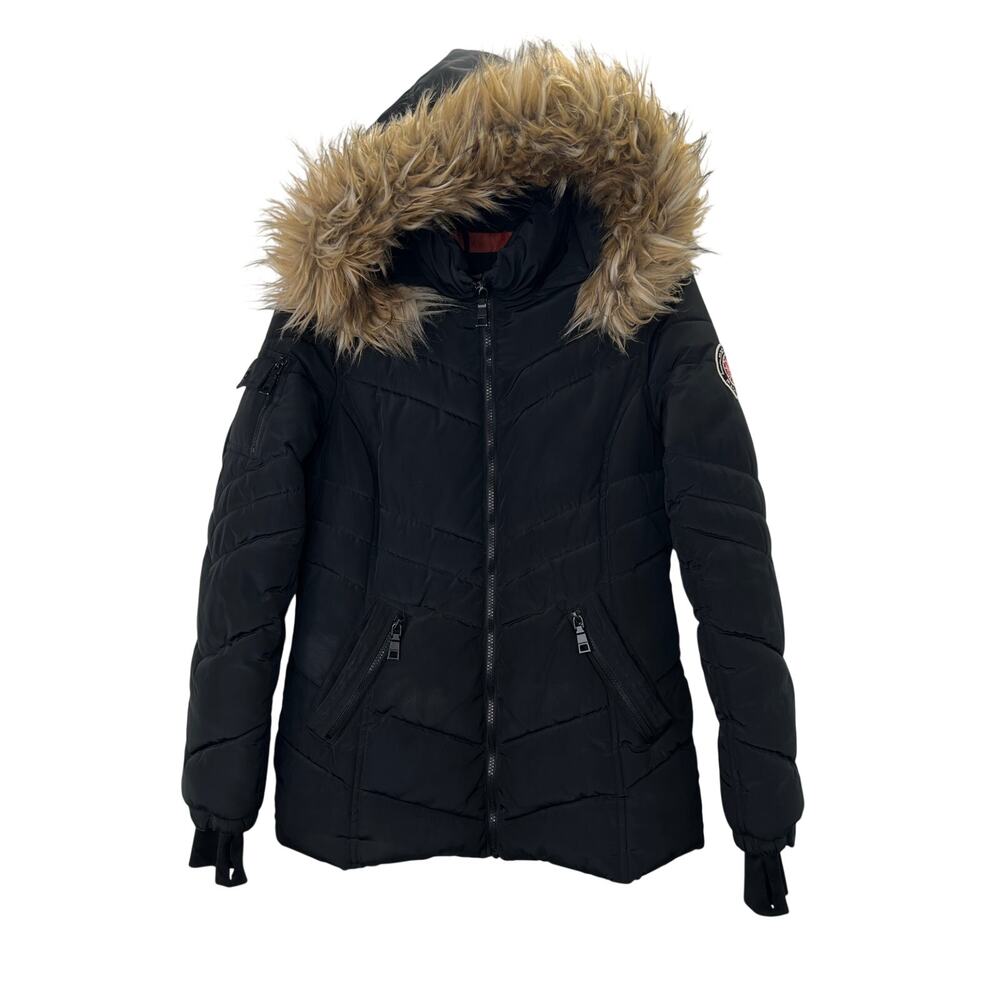 Madden NYC Faux Fur Puffer Coat S Women Black Full Zip Pockets Patch Logo